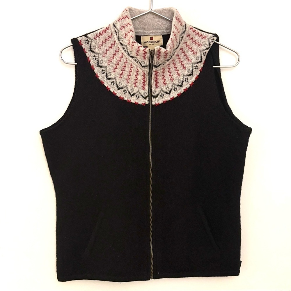 WOOLRICH Wool Vest Womens Large Black Fair Isle Zip Sweater, black, red and gray